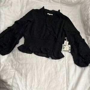 Chelsea & Violet Black Ruffled Wrap Blouse